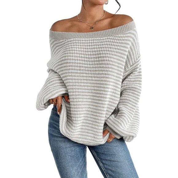 Sweaters - Women's Oversized Striped Sweater Fall Long Sleeve Knit Pullover Casual